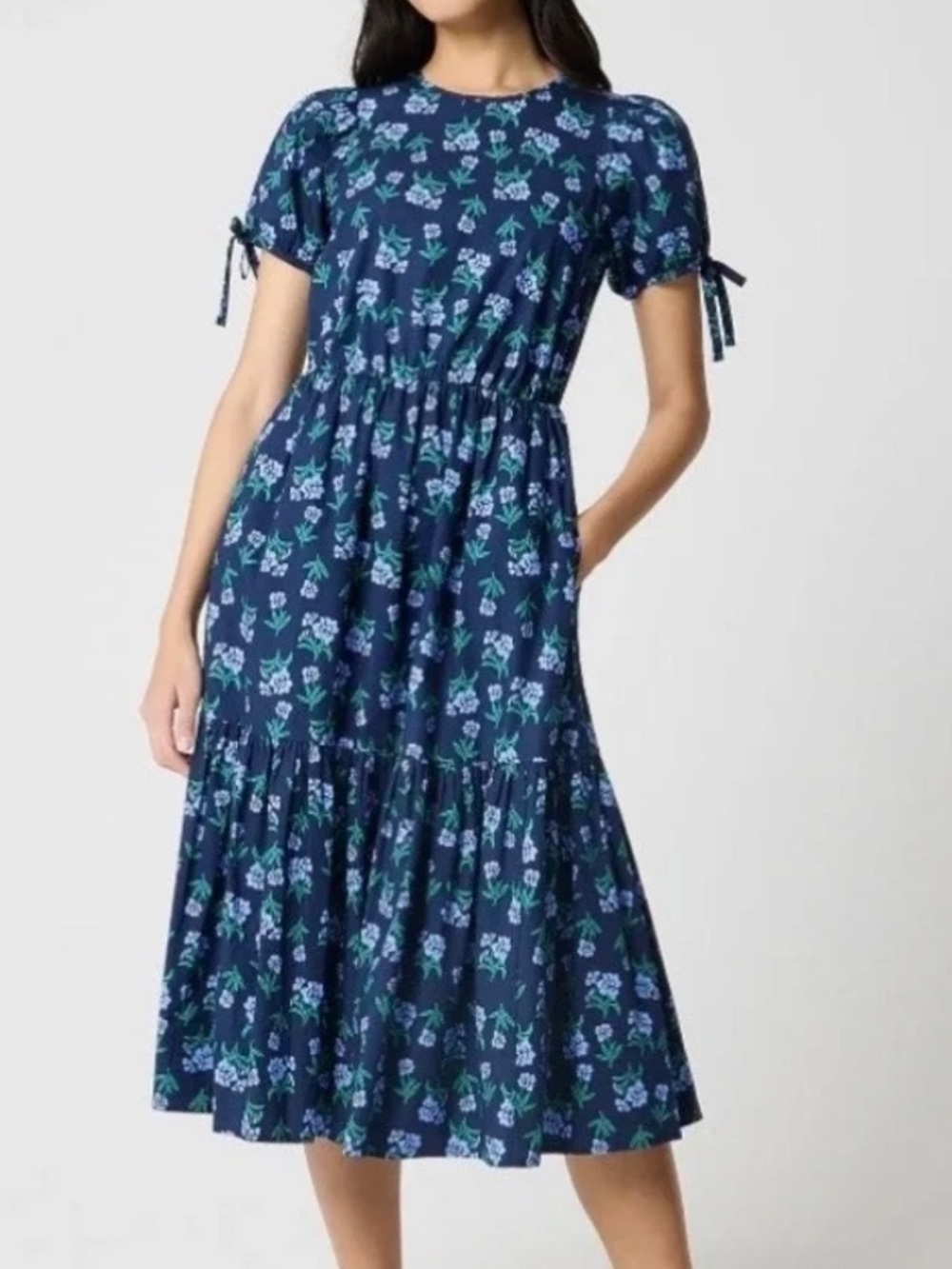 J Crew Factory Floral Navy Tiered Midi Dress with Tie Sleeves NWT